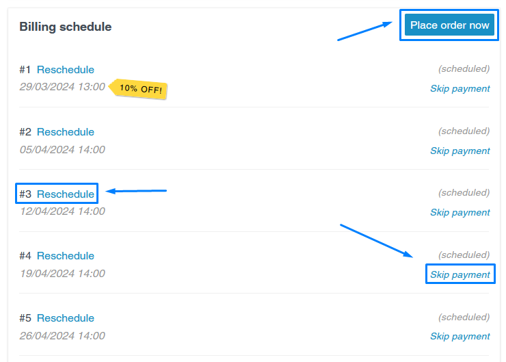 Billing schedule block in customer portal