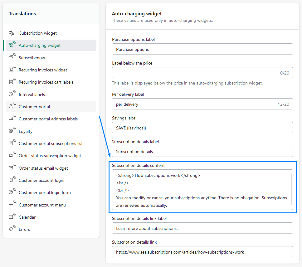 Translations settings