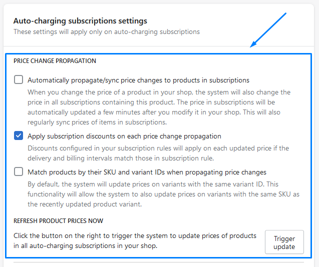 Price change propagation settings