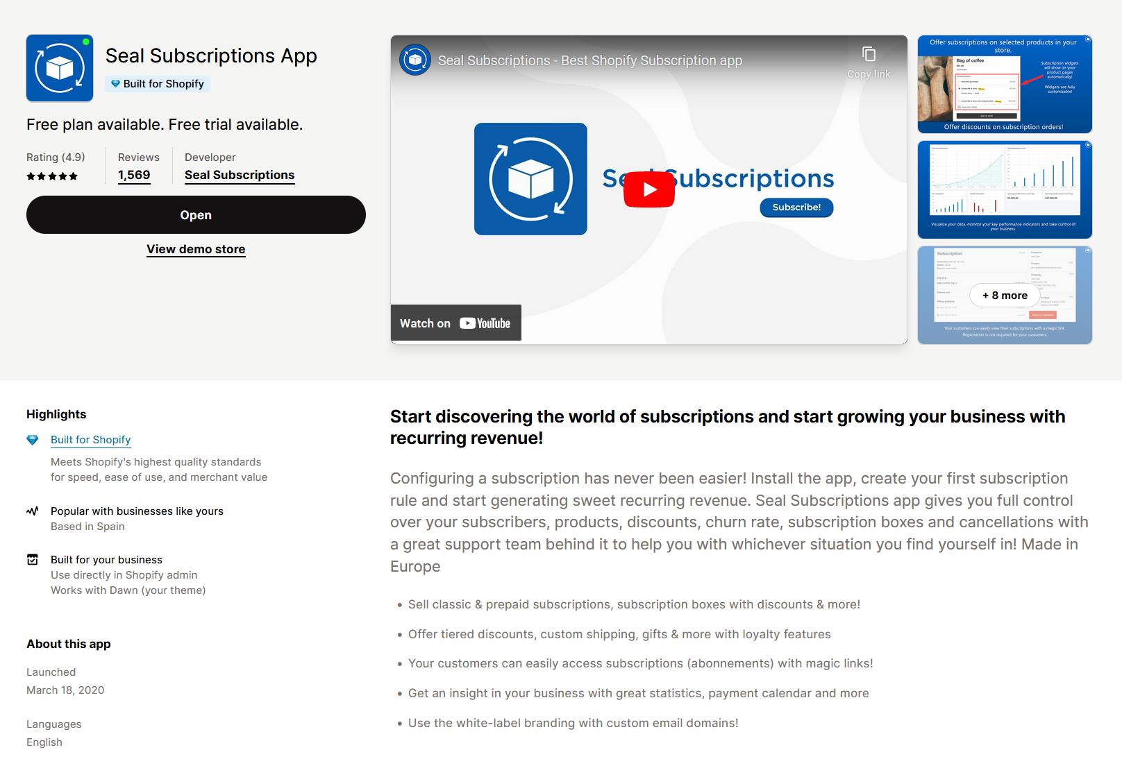 Seal Subscriptions in Shopify app store
